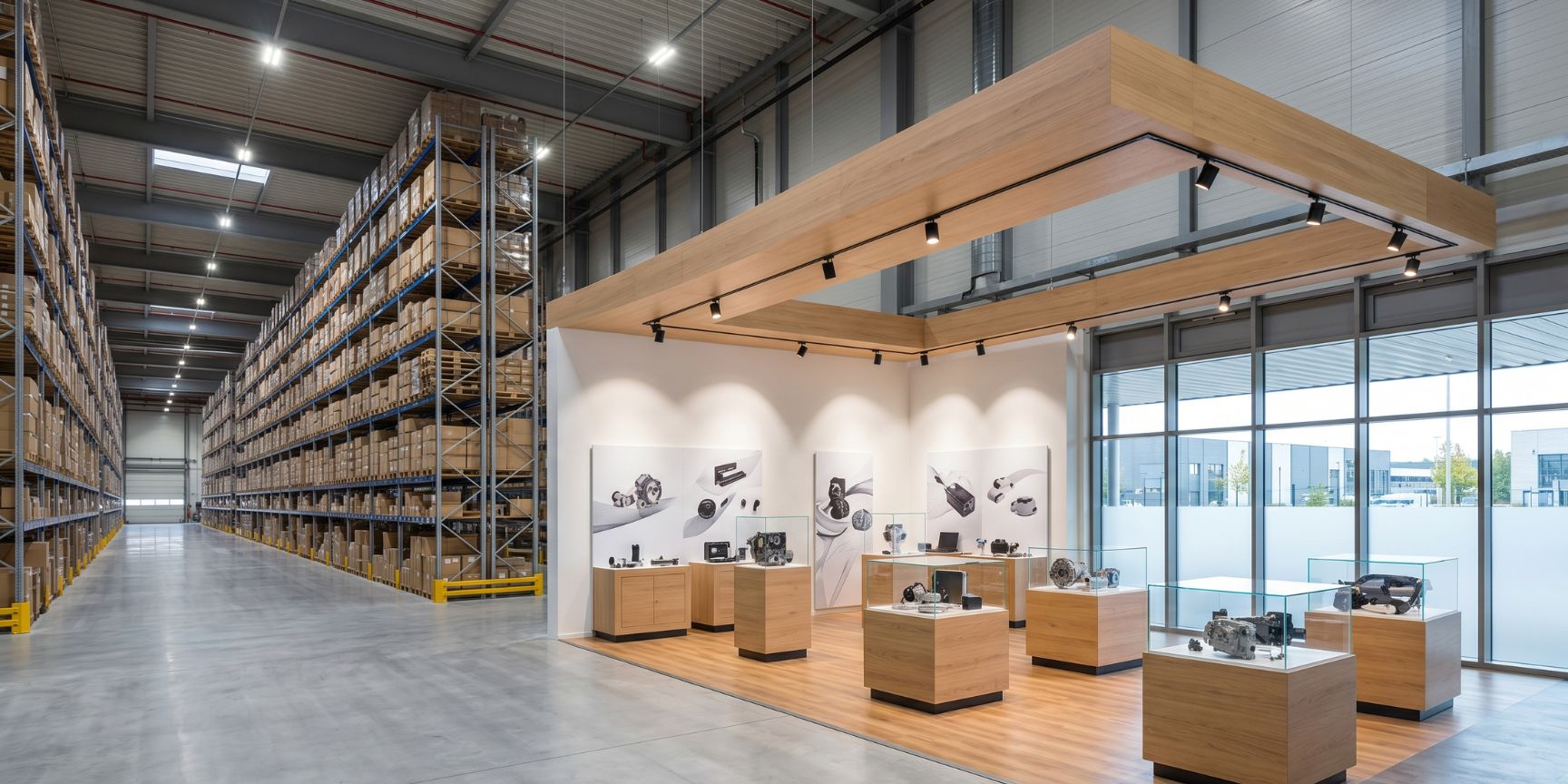 Modern logistics hall with integrated premium exhibition space. On the right is an illuminated showroom with wooden platforms and industrial products, on the left high storage shelves with pallets.